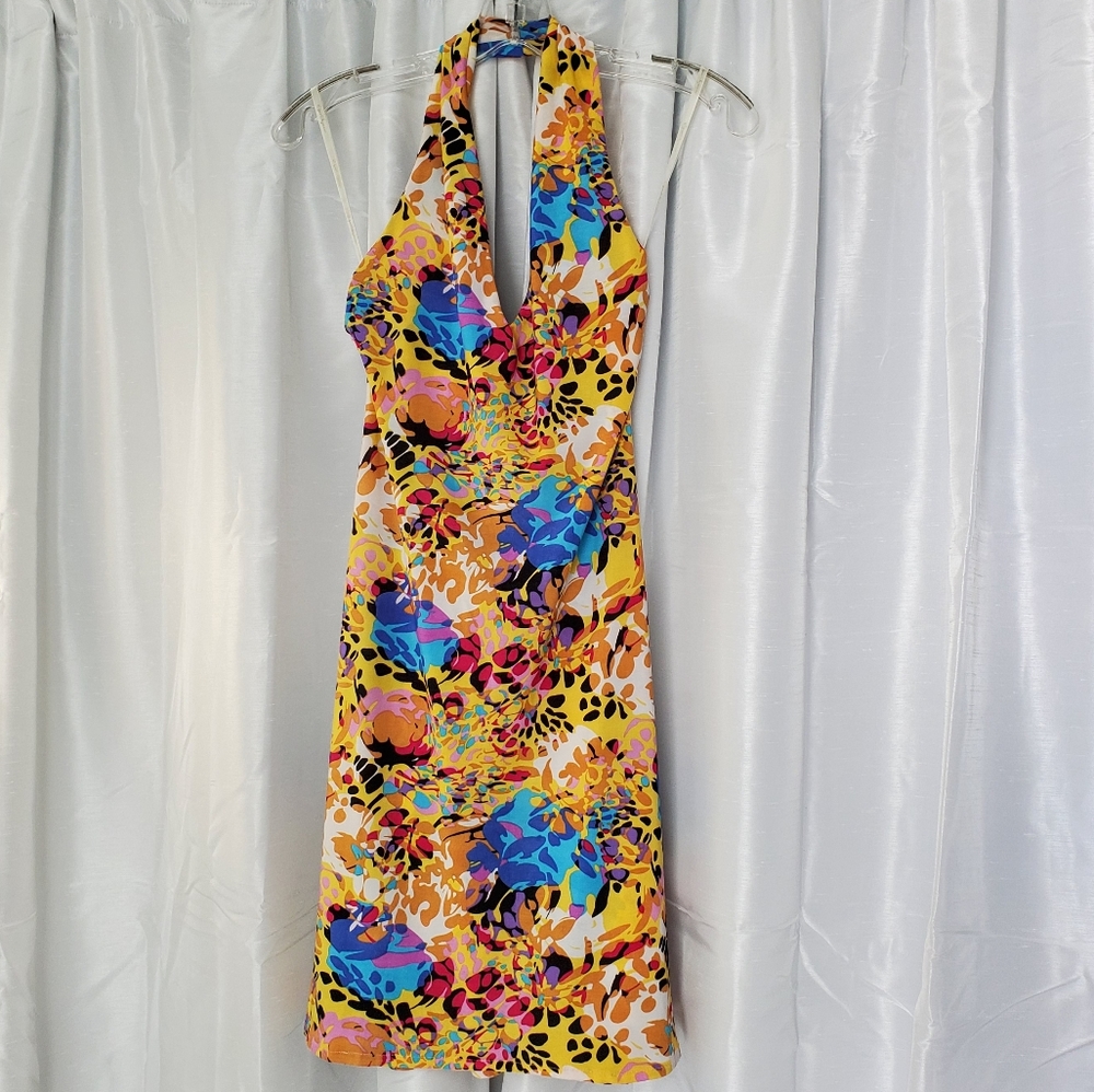 Halter Style A Line Yellow And Multi Colored Dress - image 1